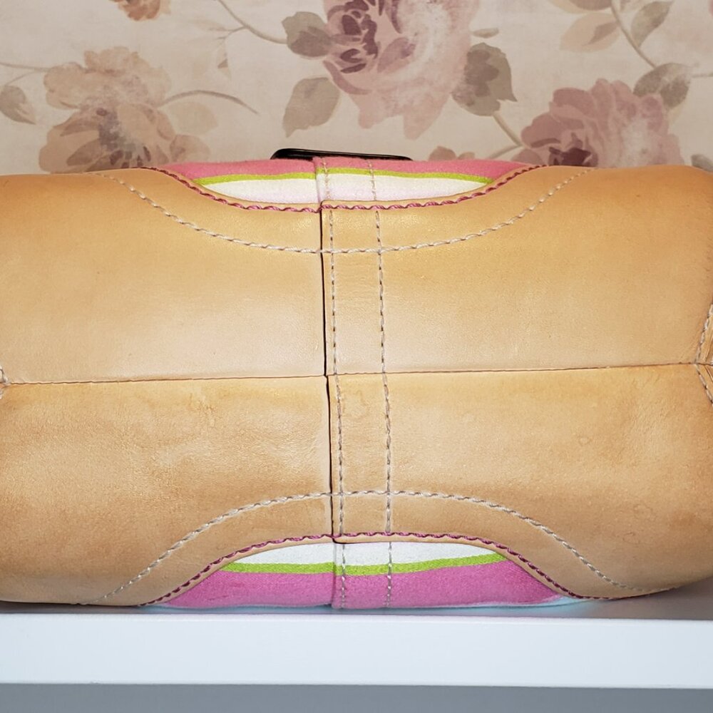 Vintage COACH 1889 Hampton Soho Multi-color Striped Canvas & Leather Buckle Tote - Picture 10 of 13
